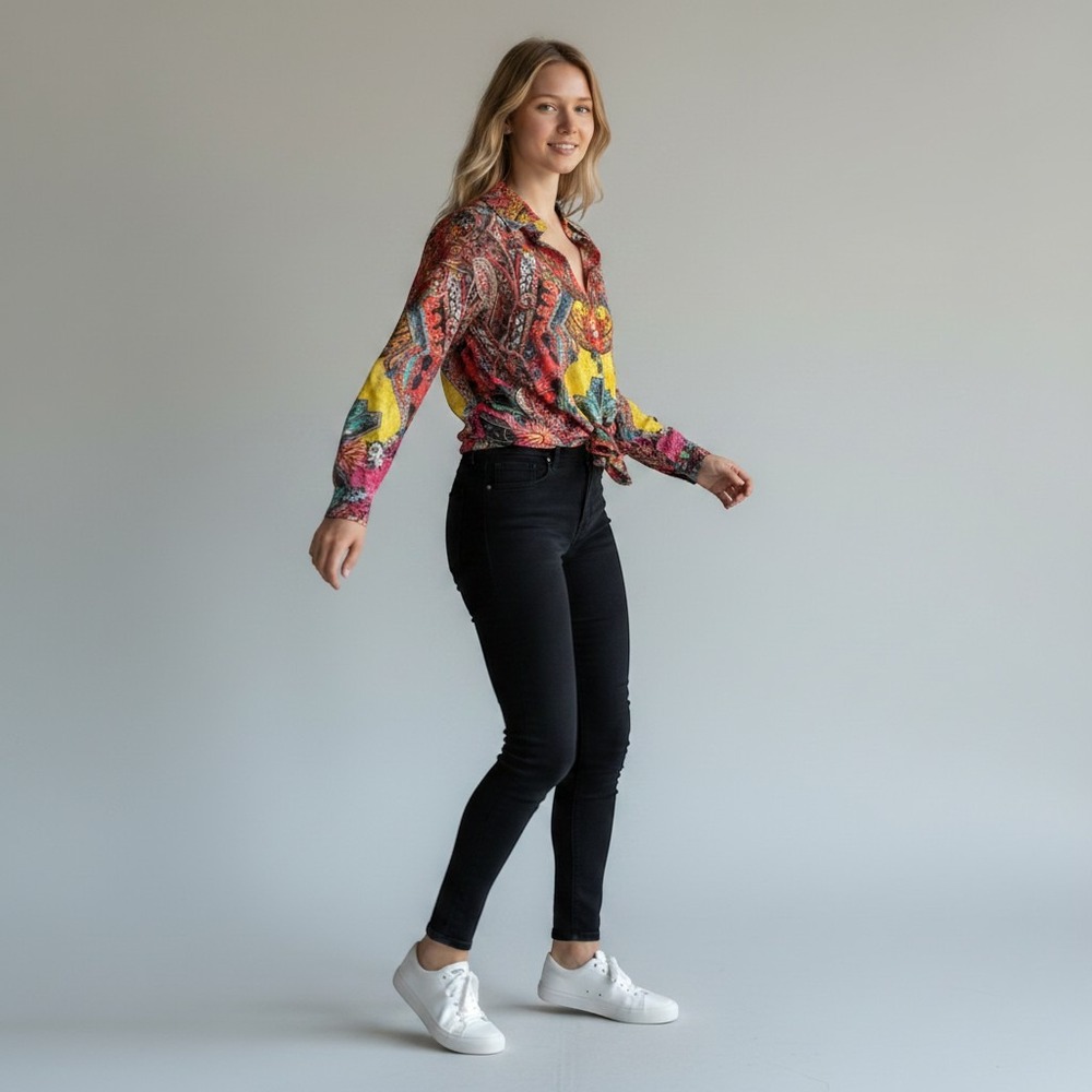 Rhea Womens Paisley Floral Button Down Shirt Multi Color Viscose Blouse Size M